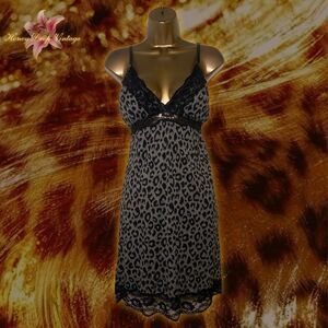 Gray and Black Leopard Print Lace Trim Slip Dress w/ Built in Cups